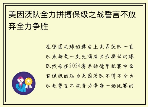 美因茨队全力拼搏保级之战誓言不放弃全力争胜
